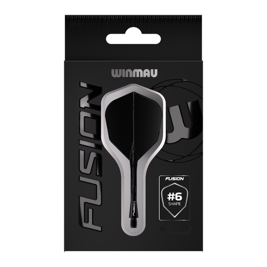 Das Bild zeigt eine Verpackung des Winmau Fusion Flight Shaft Systems in Schwarz. Auf der Verpackung steht, dass es sich um die Form Nummer 6 handelt.
