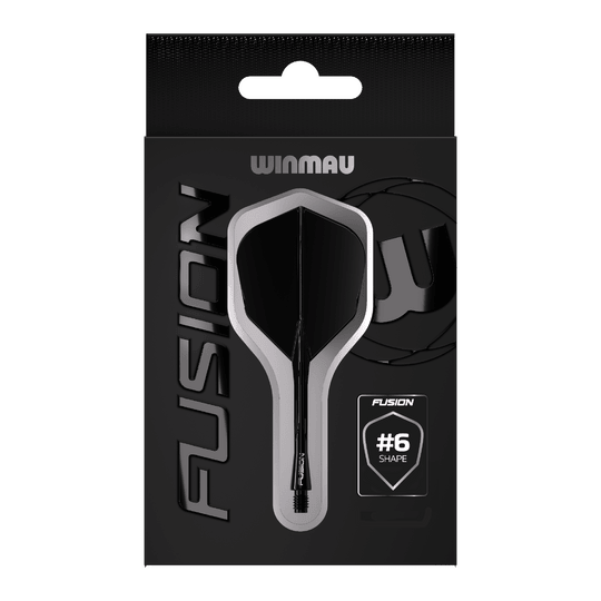 Systém letky Winmau Fusion č. 6, černá Das Bild zeigt eine Verpackung des Winmau Fusion Flight Shaft Systems in Schwarz. Auf der Verpackung steht, dass es sich um die Form Nummer 6 handelt.