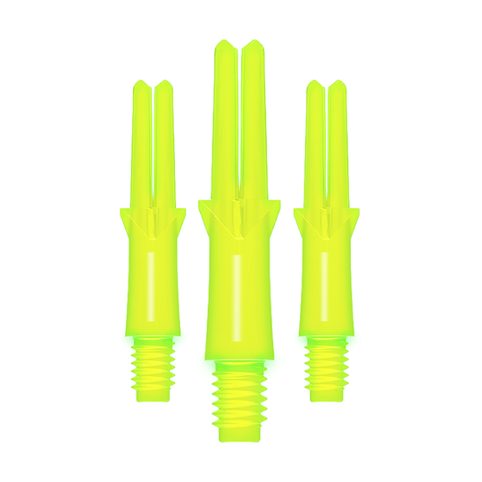 L-L-Style-Shafts Uzamčené rovné - Neonově žluté Das Bild zeigt drei neon-gelbe, gerade Dart-Schäfte mit Gewinde. Sie sind unterschiedlich lang und stehen nebeneinander aufrecht.