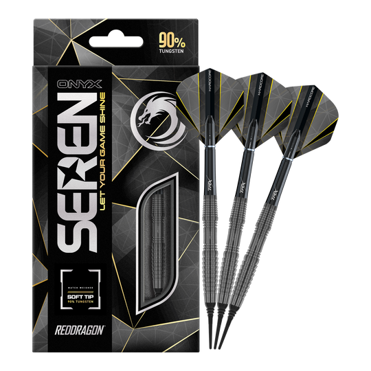 Das Bild zeigt die Softdarts "Red Dragon Seren 3 Onyx" mit einem Gewicht von 20g. Die Verpackung betont, dass die Darts aus 90% Tungsten bestehen und ein modernes schwarzes Design haben.