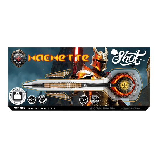 Auf dem Bild ist das Produkt "Shot Future Knights Hachette Softdarts - 20g" zu sehen. Im Hintergrund ist ein Ritter in goldener Rüstung abgebildet, im Vordergrund ein Design-Softdart mit auffälligen Flammen-Details.