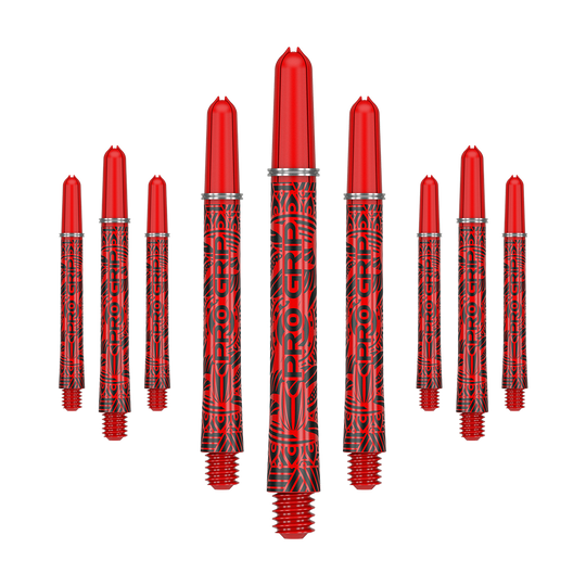 Das Bild zeigt neun rote Dartshafts mit schwarzem Muster und der Aufschrift "PRO GRIP". Sie sind in einer Reihe angeordnet, wobei drei in der Mitte größer dargestellt sind.