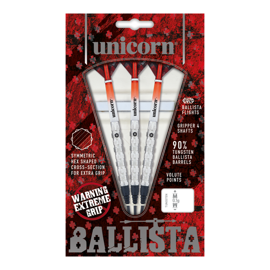 Měkké šipky Unicorn Ballista Style 1 Das Bild zeigt die Verpackung der "Unicorn Ballista Style 1 Softdarts". In der Packung befinden sich drei Softdarts mit weiß-roten Flights und silbernen Griffen.