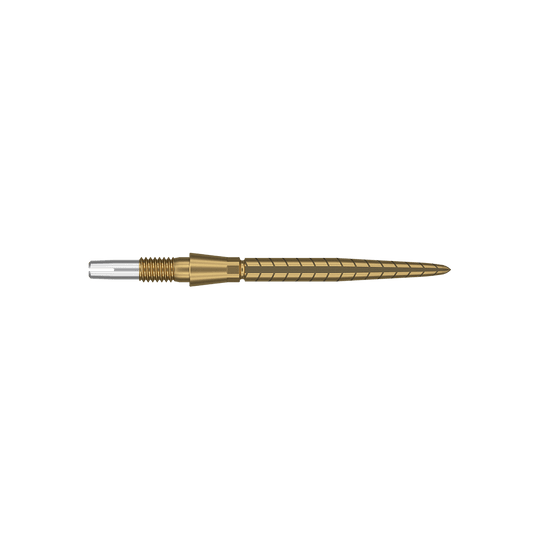 Špičky na šipky Target Swiss Storm Quartz - zlaté Dies ist eine goldfarbene Dartspitze mit feinen Rillen und Linien. Sie hat ein schlankes, präzises Design und eine silberne Spitze am Ende.