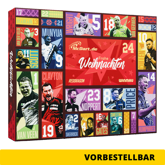 Adventní kalendář McDart Steel Darts 2026 Zu sehen ist der McDart Steel-Darts Adventskalender 2026. Der Kalender bietet Überraschungen für Steeldart-Spieler.