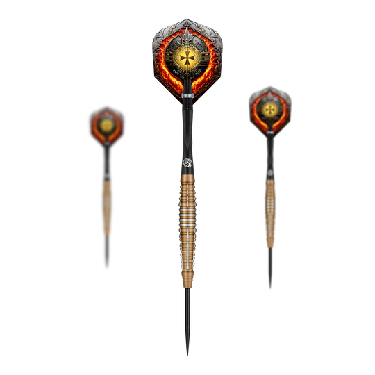 Auf dem Bild sind drei Steeldarts mit auffälligem Design zu sehen. Die Flights der "Shot Future Knights Hachette Steeldarts" sind mit einem leuchtenden goldenen Emblem und Feuer-Details verziert.