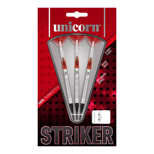 Šipky Unicorn Core XL Striker Style 1 Soft - 19g Das Bild zeigt eine Packung der "Unicorn Core XL Striker Style 1 Softdarts - 19g". In der Verpackung befinden sich drei silberfarbene Softdarts mit roten und weißen Details.