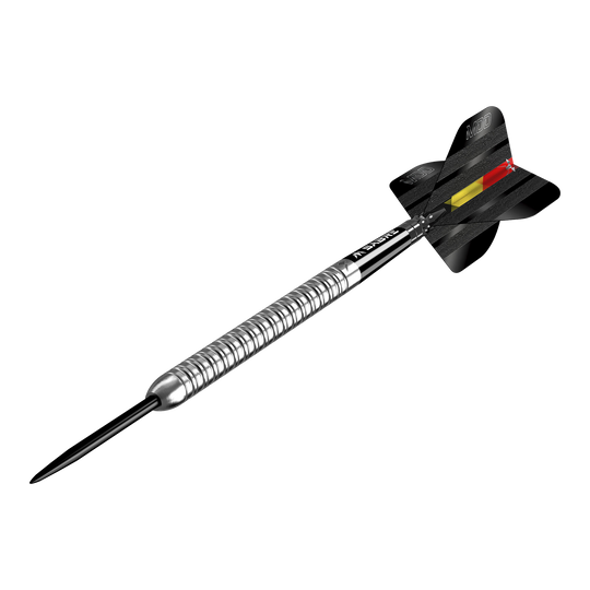 Das Bild zeigt einen silbernen Steeldart mit dem Namen "Mission Mike De Decker MDD Silver Steeldarts". Der Dartpfeil hat eine schwarze Flugfeder mit einem roten und gelben Streifen.