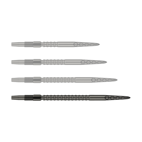 Das Bild zeigt vier schwarze Dartspitzen, die nebeneinander ausgerichtet sind. Jede Spitze hat ein geriffeltes und gemustertes Design entlang des Schafts.