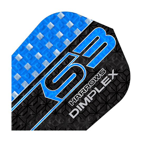 Das Bild zeigt ein blau-schwarzes Dartflight mit der Aufschrift "S3 HARROWS DIMPLEX". Die Oberfläche hat ein strukturiertes Muster mit silbernen Akzenten.