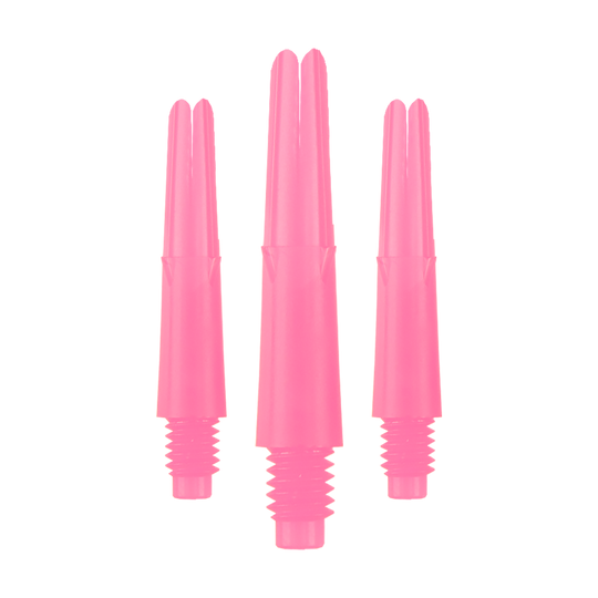 Das Bild zeigt drei pinke Dartschäfte aus Kunststoff. Sie stehen aufrecht und haben unten ein Schraubgewinde.