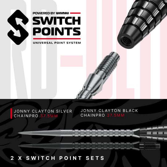 Ocelové šipky Red Dragon Jonny Clayton RD-ULTRA Switch Point - 22g Die Abbildung zeigt die Red Dragon Jonny Clayton RD-ULTRA Switch Point Steeldarts mit 22 Gramm. Die Darts liegen nebeneinander und sind gut sichtbar.