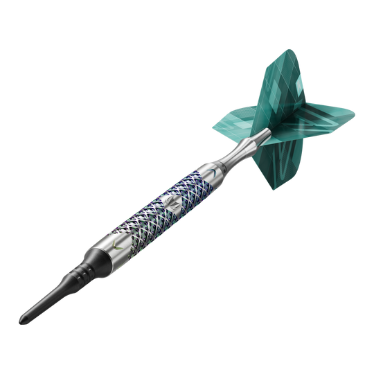 Target Rove 10 měkkých šipek Das Bild zeigt einen einzelnen Target Rove 10 Softdart. Der Dart hat ein silbernes, gemustertes Barrel und grüne Flights.