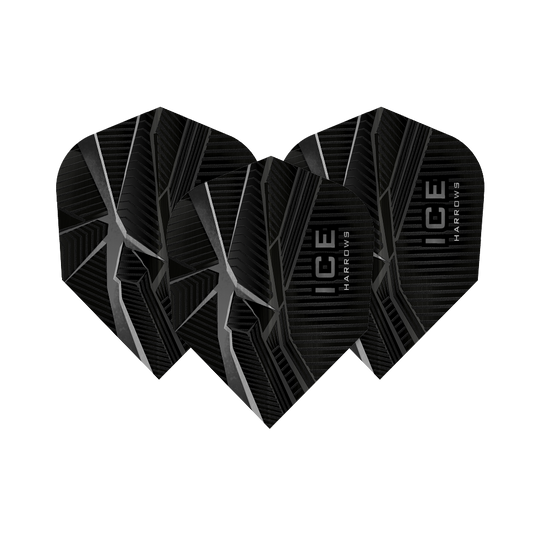HR42_Harrows_Ice_Recut_Schwarz_Standard_Flights_1NFW6DkUXtNBx7 Das Bild zeigt drei schwarze Dart-Flights mit silbernen, eisähnlichen Mustern. Auf den Flights steht der Produktname "HARROWS ICE".