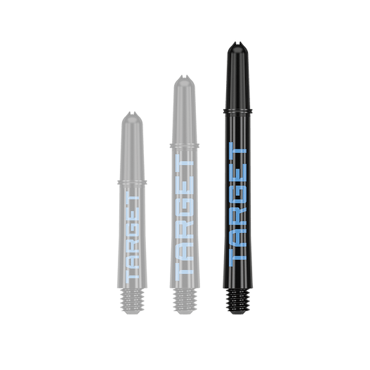 Násadky Target Pro Grip TAG - 3 sady - černomodré Auf dem Bild sind drei schwarze Dart-Schäfte in verschiedenen Längen zu sehen. Auf jedem Schaft steht das Wort "TARGET" in blauer Schrift.