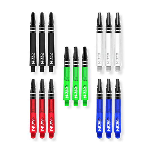 X0802_Red_Dragon_Nitrotech_Shaft_Card_Medium_2 Das Bild zeigt insgesamt fünf verschiedene Farben des Produkts "Red Dragon Nitrotech Shaft Card Medium". Jede Farbe ist in einem Set von drei Shafts angeordnet.