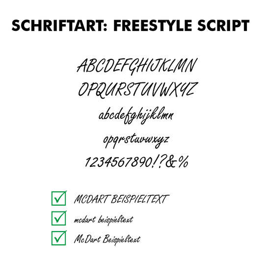 Flightdruck_Schriftart_Freestyle_ScriptpQpdfNmss8xQG Das Bild zeigt verschiedene Schriftartenbeispiele der Schriftart „Freestyle Script“. Zu sehen sind das Alphabet, Zahlen, Sonderzeichen und Beispieltexte in dieser Schriftart.