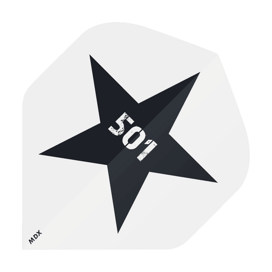 MD-401-Log_2-Seitig_Bedruckte_Flights_Logo_MDX_3 Das Bild zeigt einen schwarzen Stern auf grauem Hintergrund. In der Mitte des Sterns steht die Zahl "501" in weißer, abgenutzter Schrift, und unten links ist klein "MDX" geschrieben.