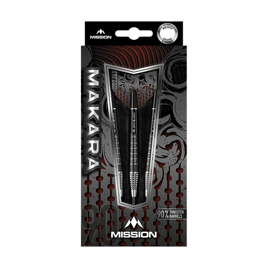 Ocelové šipky Mission Makara M2 - 23g Das Bild zeigt die Verpackung der Mission Makara M2 Steeldarts mit einem Gewicht von 23 Gramm. Die Darts bestehen zu 90 % aus Tungsten und sind ansprechend gestaltet.