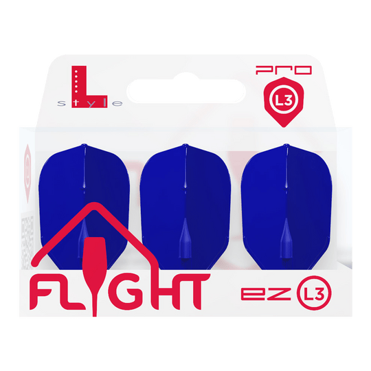 Lety L-L-Style3EZ Die Verpackung zeigt drei blaue Dart-Flights der Marke L-Style. Auf der Packung steht "FLIGHT ez L3" in roten Buchstaben.