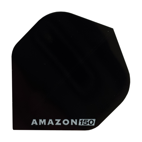 A15_Amazon_150_Flight_Schwarz_1 Das Bild zeigt ein schwarzes Dartflügel mit der Aufschrift "AMAZON 150" in weißer Schrift. Es handelt sich um das Produkt "Amazon 150 Flights - Schwarz".