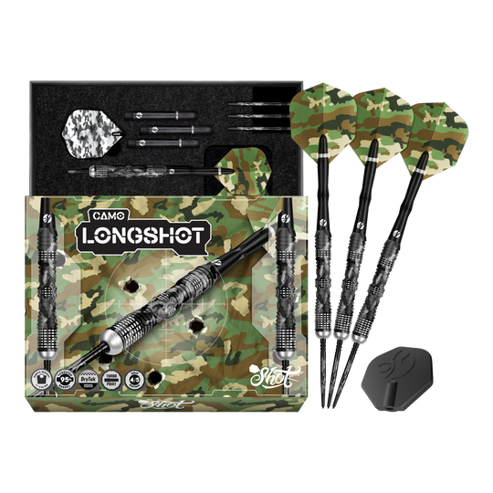 Das Bild zeigt Shot Camo Longshot Turbo Point Steeldarts - 23g in voller Ansicht. Mehrere Darts sind aufgereiht.