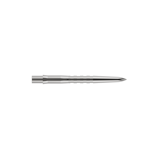 Auf dem Bild ist eine silberne, gerillte Steeldartspitze zu sehen. Sie ist schmal, lang und hat eine spitze Vorderseite.