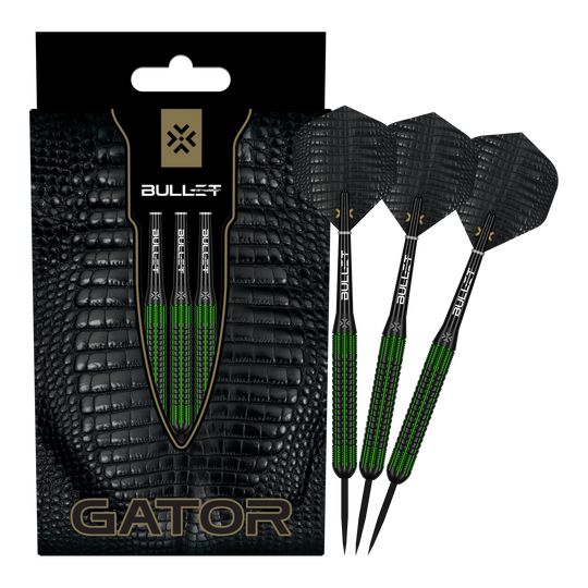 Šipky Bullet Gator Brass Steel - 22g Zu sehen sind die Bullet Gator Brass Steeldarts - 22g in voller Ansicht. Sie sind aus Messing gefertigt und wiegen 22 Gramm.