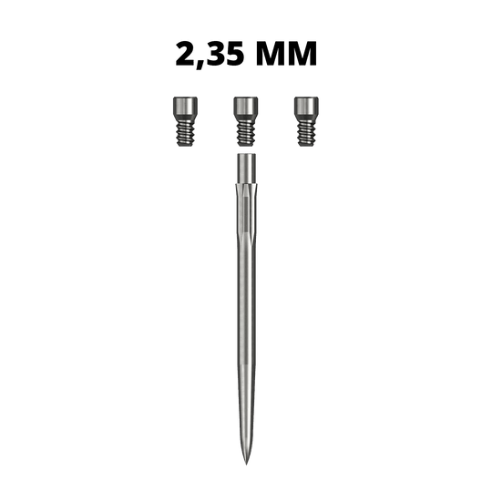 Hier sieht man eine Caliburn Evo System Steeldartspitze Spigot mit einer Länge von 23,5 mm. Die silberne Spitze ist einzeln dargestellt.