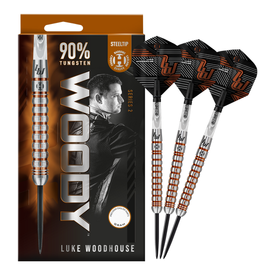 Ocelové šipky Harrow's Luke Woodhouse Series 2 Auf dem Bild sind die Harrows Luke Woodhouse Series 2 Steeldarts zu sehen. Die Verpackung zeigt das Dart-Design sowie ein Porträt von Luke Woodhouse und die Aufschrift "90% Tungsten".