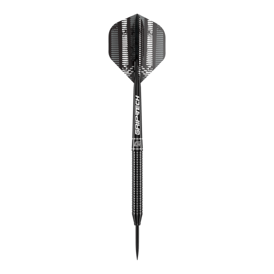 Šipky GOAT Sprocket z wolframové oceli Das Bild zeigt einen einzelnen GOAT Sprocket Tungsten Steeldart. Der Dart hat ein modernes, schwarzes Design mit dem Schriftzug "GRIPTECH" auf dem Schaft.