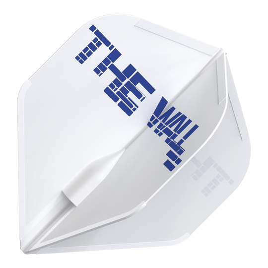 Lety Martin Schindler White L1EZ ve stylu L Das Bild zeigt ein weißes Dart-Flight mit dem blauen Schriftzug "THE WALL". Es handelt sich um das Produkt "L-Style Martin Schindler Weiß L1EZ Flights".