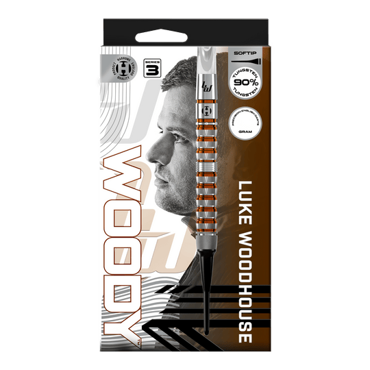 Hier ist das Produkt Harrows Luke Woodhouse Series 3 Softdarts - 18g zu sehen. Das Foto stellt die Softdarts in der 18-Gramm-Ausführung dar.