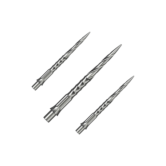 Ein Set silberner Steeldartspitzen ist auf dem Bild zu sehen. Die Spitzen sind im Spiro NoLip Stil und 30 mm lang.