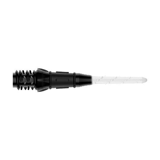 Dvoubarevné rtěnky L-Style Premium (balení 30 kusů) Das Bild zeigt eine schwarze und weiße Dartspitze mit einem zweifarbigen Design. Die linke Seite ist schwarz und die rechte Seite ist weiß.