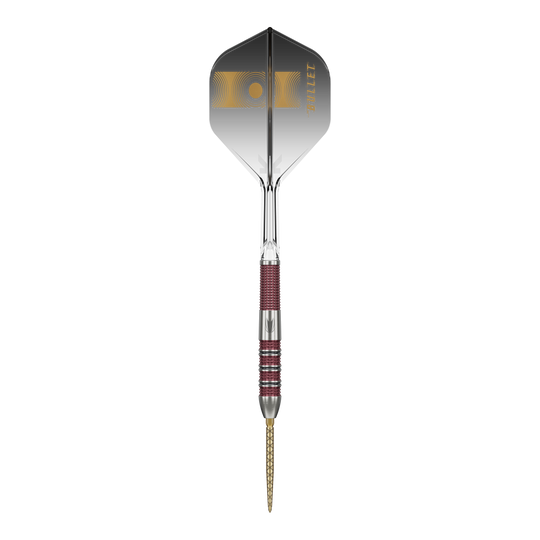 Šipky Target Stephen Bunting 95K Swiss Point Steel Das Bild zeigt einen Target Stephen Bunting 95K Swiss Point Steeldart. Der Dart hat ein elegantes Design mit einer Mischung aus silbernen und roten Elementen sowie einer schwarzen Flügel mit goldener Aufschrift.