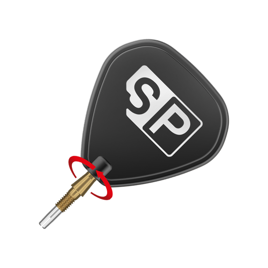 Špičky na šipky Target Swiss Storm Quartz - zlaté Das Bild zeigt eine schwarze Dartspitze mit der Aufschrift "SP" auf einem Flight. Ein roter Pfeil markiert eine Drehbewegung an der Verbindung zwischen Spitze und Flight.
