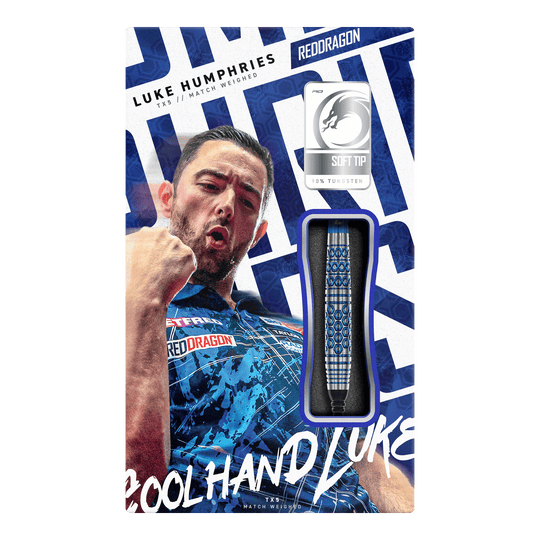 Diese Grafik stellt die Red Dragon Luke Humphries TX5 Softdarts - 20g dar. Es handelt sich um hochwertige Softdarts mit Luke Humphries Design.