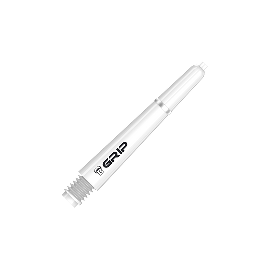Das Bild zeigt einen weißen Dartshaft mit der Aufschrift "B GRIP". Es handelt sich um das Produkt "Bulls B-Grip-2 SL Shafts - Weiß".