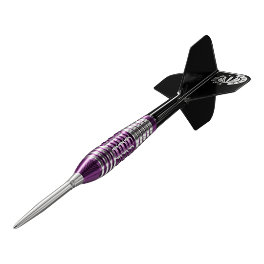 Šipky Target Japan Prime Series Tung Suk Zenith GEN1 Swiss Point Steeldarts - 23g Dies ist ein Steeldart aus der Target Japan Prime Serie in der Ausführung "Tung Suk Zenith GEN1 Swiss Point" mit 23g Gewicht. Der Dart hat ein auffälliges Design mit lila und silbernen Ringen und schwarzen Flights.