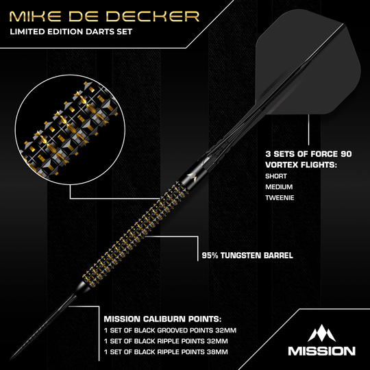Mission Mike De Decker World Grand Prix Limited Edition Black Gold Steeldarts mit 24g wird hier gezeigt. Das Dart-Set besticht durch sein edles Design in Schwarz und Gold.