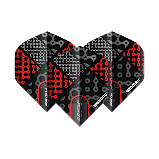Das Bild zeigt drei Dart-Flights des Produkts "Winmau Prism Delta Cypher No2 Standard Flights". Die Flights sind in Schwarz, Rot und Grau mit auffälligen, geometrischen Mustern gestaltet.