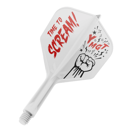 Das Bild zeigt eine Dartflügel- und Schaftkombination in Weiß mit roter und schwarzer Beschriftung. Auf dem Flügel steht "TIME TO SCREAM!" zusammen mit einer gezeichneten Faust und einigen Sternen.