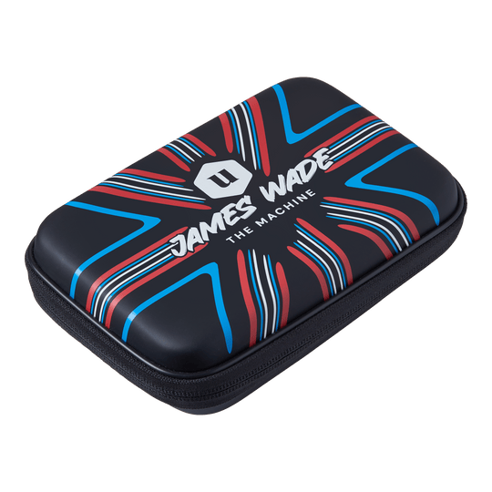 Peněženka na šipky Unicorn Ultra James Wade Das Bild zeigt ein Dartwallet mit dem Aufdruck "James Wade The Machine". Das Etui ist schwarz mit roten, blauen und weißen Designelementen.
