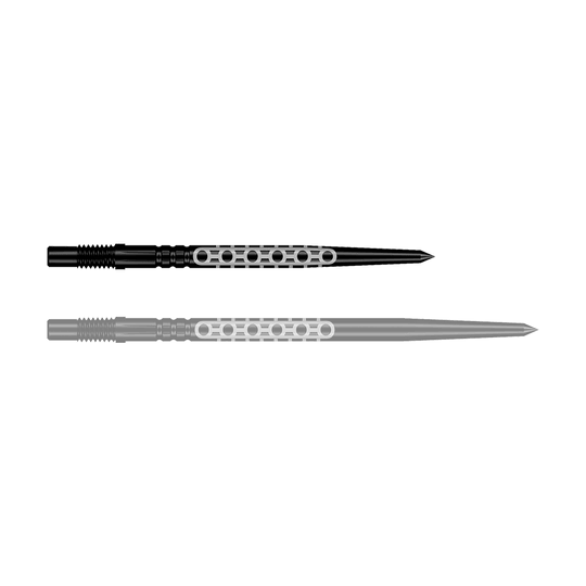 Špičky na šipky Shot Turbo Point Goths - černé Ein schwarzer Dartpfeil mit markantem Design ist im Bild. Der Pfeil ist robust verarbeitet.