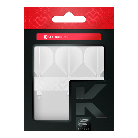 Standardní letový systém Target K-Flex No2 - bílý Das Bild zeigt eine Packung mit drei weißen Dart Flights der Marke Target. Die Verpackung ist schwarz mit einem roten oberen Teil und dem Aufdruck "K FLEX | No2 SHAPE".