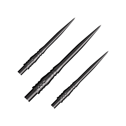 Ocelové hroty na šipky Shot Cone Rocket - černé - 35 mm Das Bild zeigt drei schwarze Steeldart-Spitzen des Modells "Shot Cone Rocket" mit einer Länge von 35 mm. Die Spitzen sind schlank, spitz zulaufend und haben ein filigranes Design.