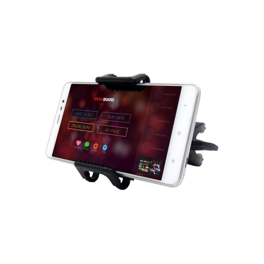 GRN0038_GranBoard_Smartphone_Holder_2 Das Bild zeigt den GranBoard Smartphone-Halter mit einem eingespannten Smartphone. Auf dem Bildschirm des Smartphones ist das GranBoard-Menü zu sehen.