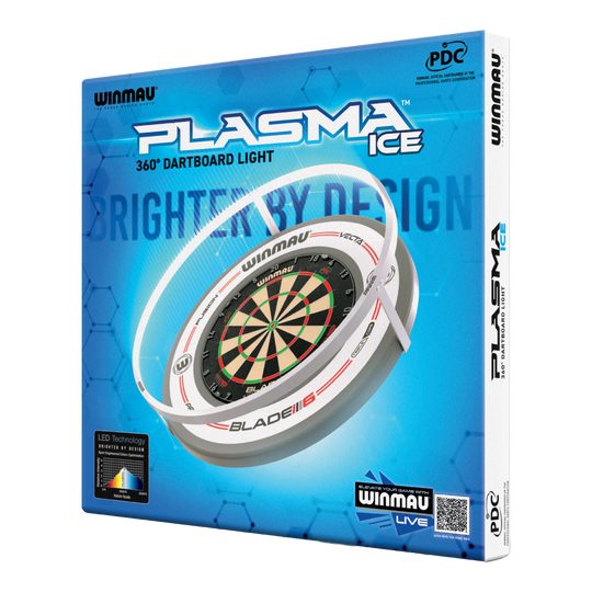 LED světlo na terč Winmau Plasma Ice Die Abbildung zeigt die Verpackung des "Winmau Plasma Ice LED Dartboard Light". Das Produkt bietet eine 360° Beleuchtung für Dartboards.