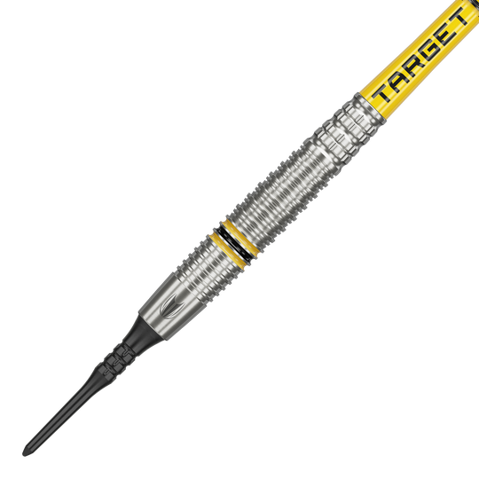 Měkké šipky Target Scott Williams GEN2 - 18g Das Bild zeigt einen Target Scott Williams GEN2 Softdart mit einem Gewicht von 18 Gramm. Der Dart hat silberne Rillen und gelbe Akzente sowie die Aufschrift "TARGET" auf dem Schaft.